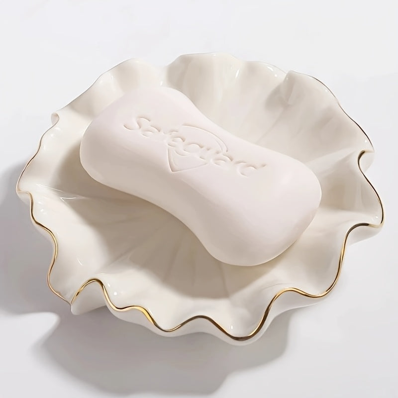 A Minimalist And Elegant Ceramic Soap Dish for Home Use, Featuring a Creative Lotus Leaf Design. This Soap Tray Has a Drainage Function, Allowing for Automatic Water Drainage