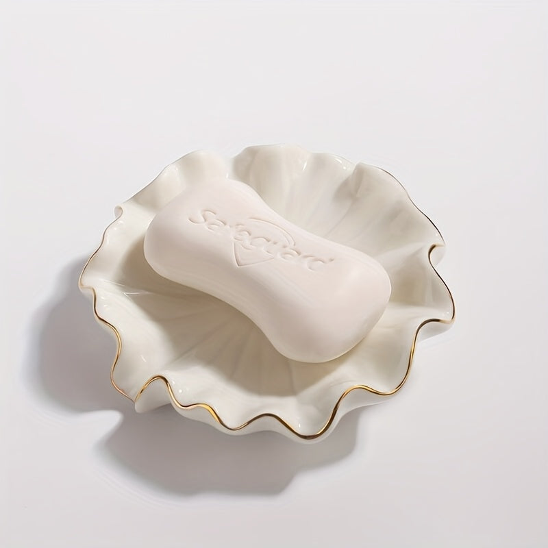 A Minimalist And Elegant Ceramic Soap Dish for Home Use, Featuring a Creative Lotus Leaf Design. This Soap Tray Has a Drainage Function, Allowing for Automatic Water Drainage