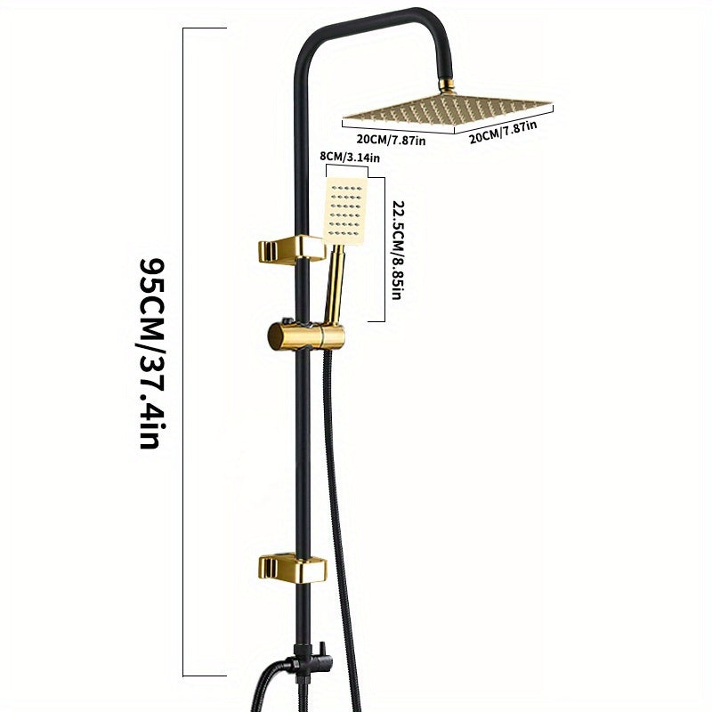Rain Shower System Featuring an 8-Inch Rainfall Showerhead And a Handheld Option with an Adjustable Height Holder, Constructed with Solid Rail And a 60-Inch Stainless Hose. This 3-Function Retrofit Shower Set in Black And Golden Is Designed Exclusiv