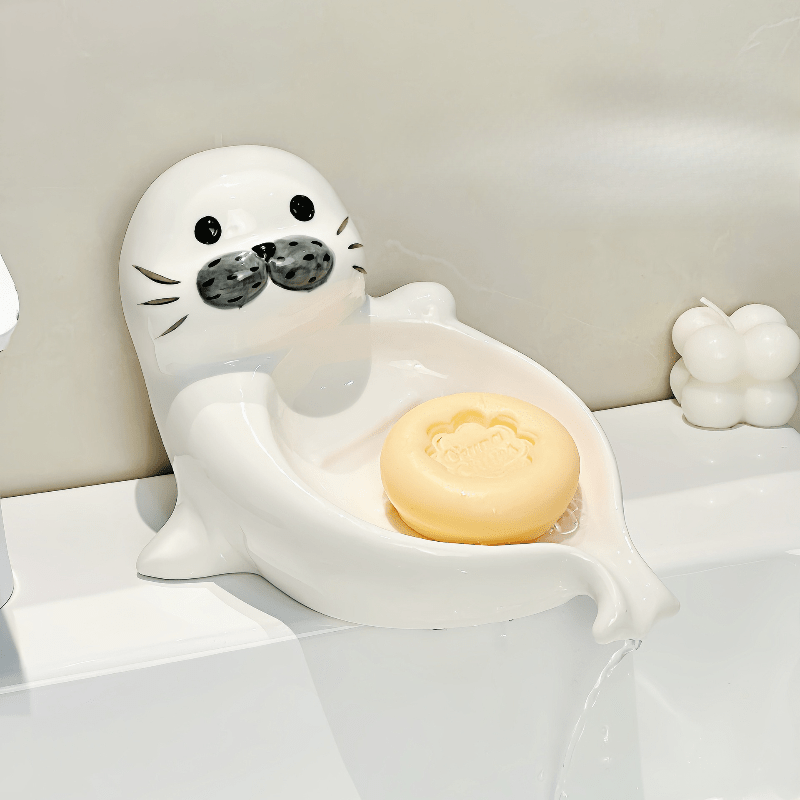 Ceramic Sea Lion-Shaped Soap Dish Holder - Adorable Suitable for Home Bathroom, No-Hole Drainage Design, Oval Soap Box with Storage Rack, Modern Sea Lion Tray for Bathtub Counter, Hygienic Drainage System (No Water Accumulation)