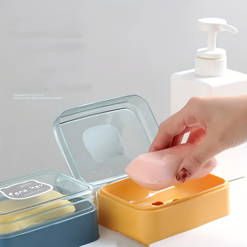 Cute Bear Flip-Top Soap Dish - Creative Plastic Drainage Holder for Bathroom Countertop, Rectangular Soap Storage Box