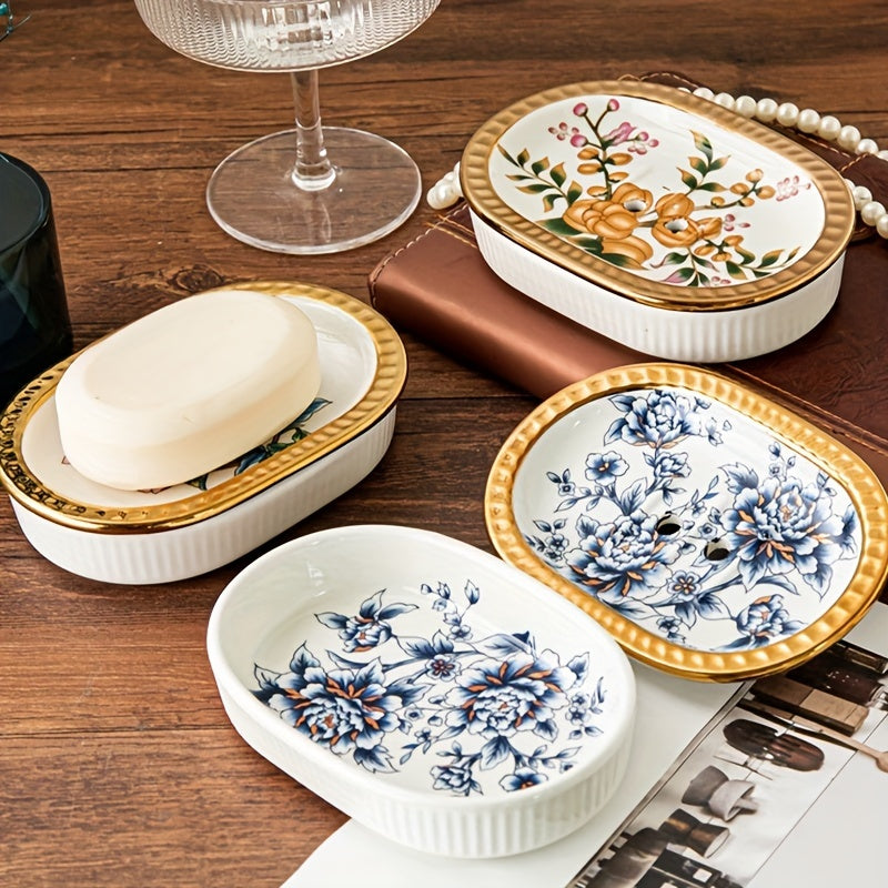 Elegant Ceramic Soap Dish Elegant Ceramic Soap Dish | Double-Layer Drainage | American Golden Trim