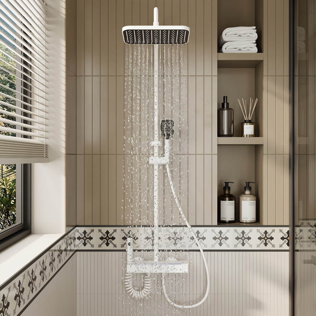 Shower Head White, 4-In-1 Shower System, with Water Fall Tub Spout, Spray Gun, Shower Head And Hand Shower, Shower Head with Easy-clean Silicone Nozzles