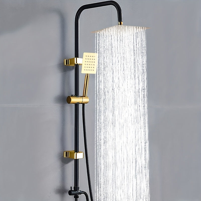 Rain Shower System Featuring an 8-Inch Rainfall Showerhead And a Handheld Option with an Adjustable Height Holder, Constructed with Solid Rail And a 60-Inch Stainless Hose. This 3-Function Retrofit Shower Set in Black And Golden Is Designed Exclusiv