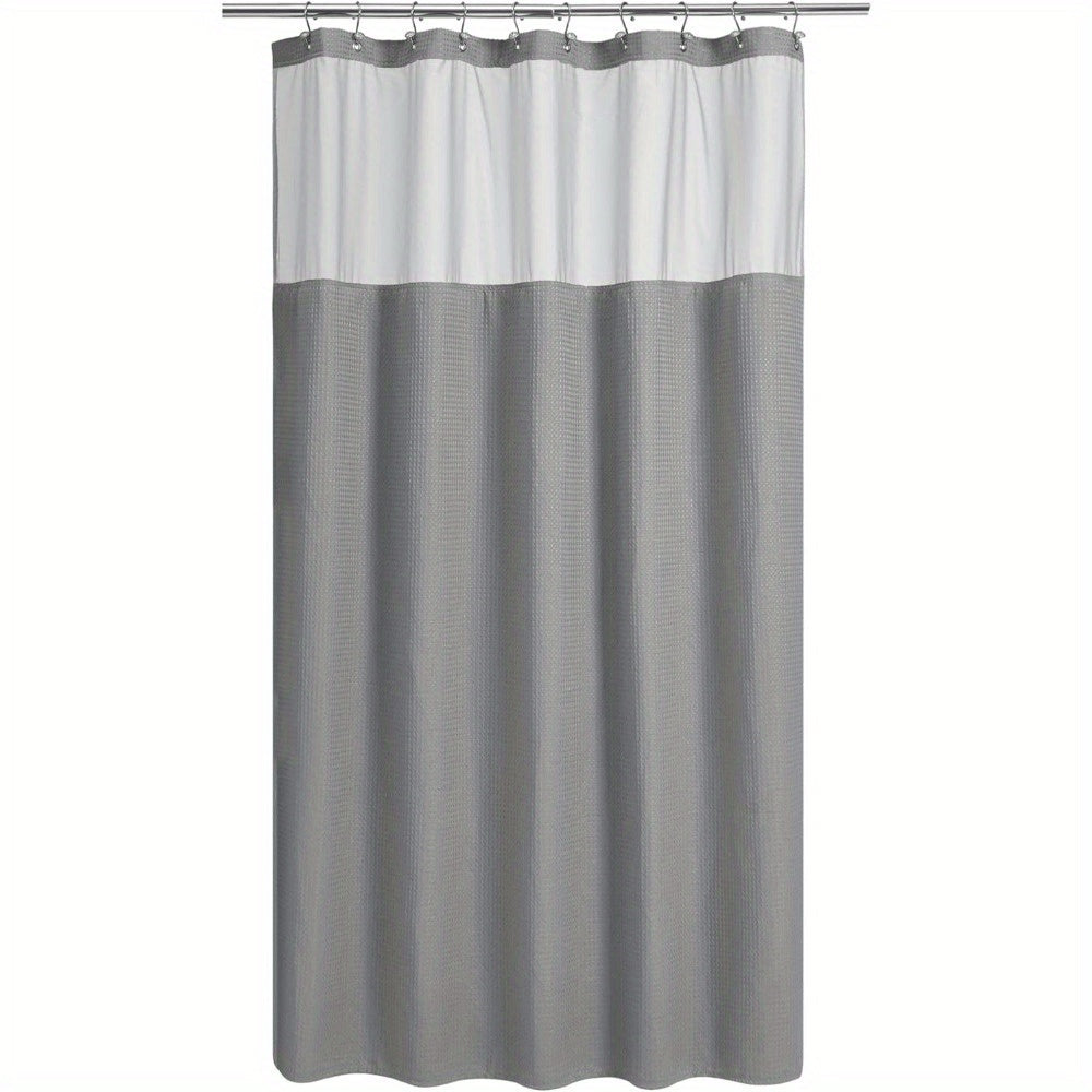 Hotel Style Grey Polyester Pongee Shower Curtain with Waffle Stitching & Mesh Top Window - Snap-On Fabric Lining, Machine Washable, Multiple Sizes for Bathroom Decor, Shower Curtain Sets for Bathrooms
