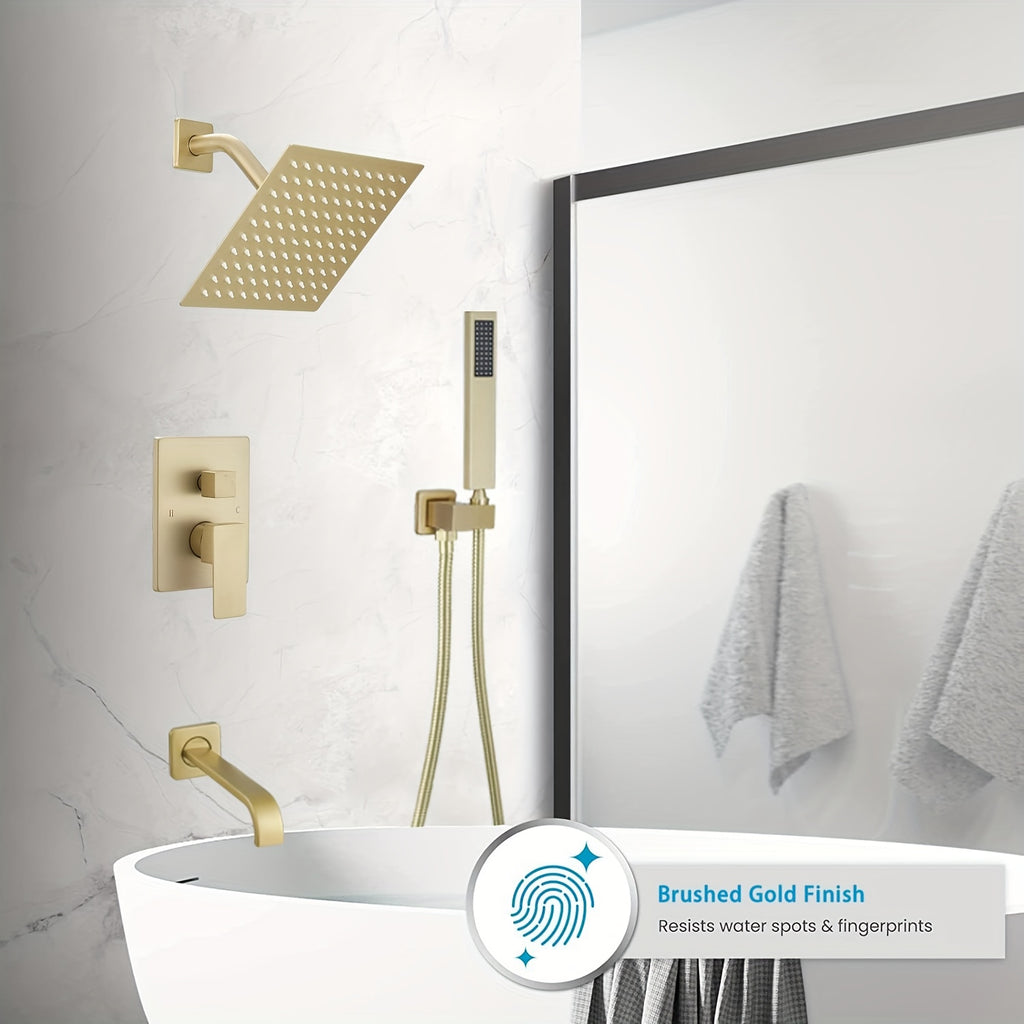 Brushed Golden Shower  Set with Tub Spout Bathroom Rainfall 8 10 12 Inch Shower Head System with Handheld Single Handle Shower Trim Kit with Rough-in Valve