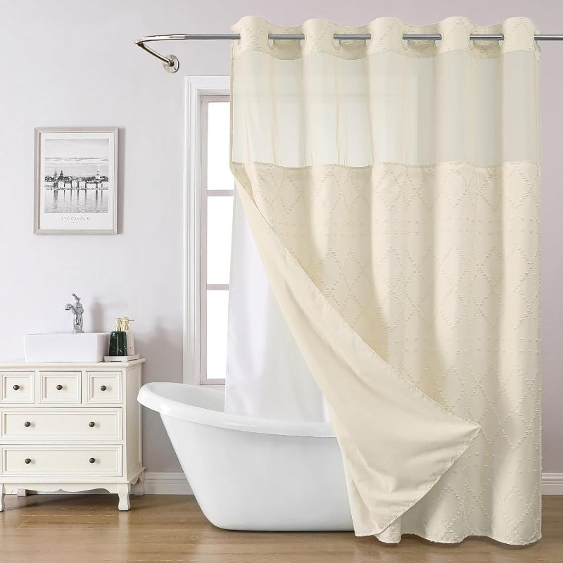 Cream Boho Tufted Chevron Shower Curtain & Fabric Liner Set - Textured Shabby Chic Bathroom Curtain with See-Through Top Window, No Hook\u002FNo Rod Installation, Snap-On Liner, Fits Standard Bathtub (71\