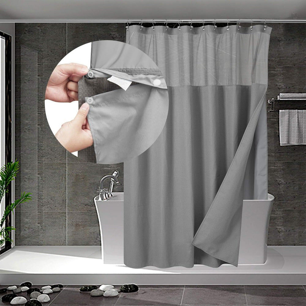 Hotel Style Grey Polyester Pongee Shower Curtain with Waffle Stitching & Mesh Top Window - Snap-On Fabric Lining, Machine Washable, Multiple Sizes for Bathroom Decor, Shower Curtain Sets for Bathrooms