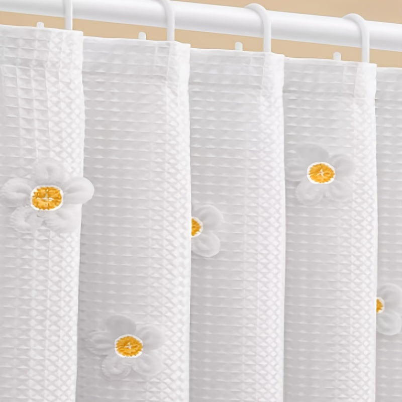 1pc Thickened Waffle Flower Embroidery Shower Curtain, Polyester Fabric, Home Decoration Curtain, Bathroom Curtain with 12 Hooks