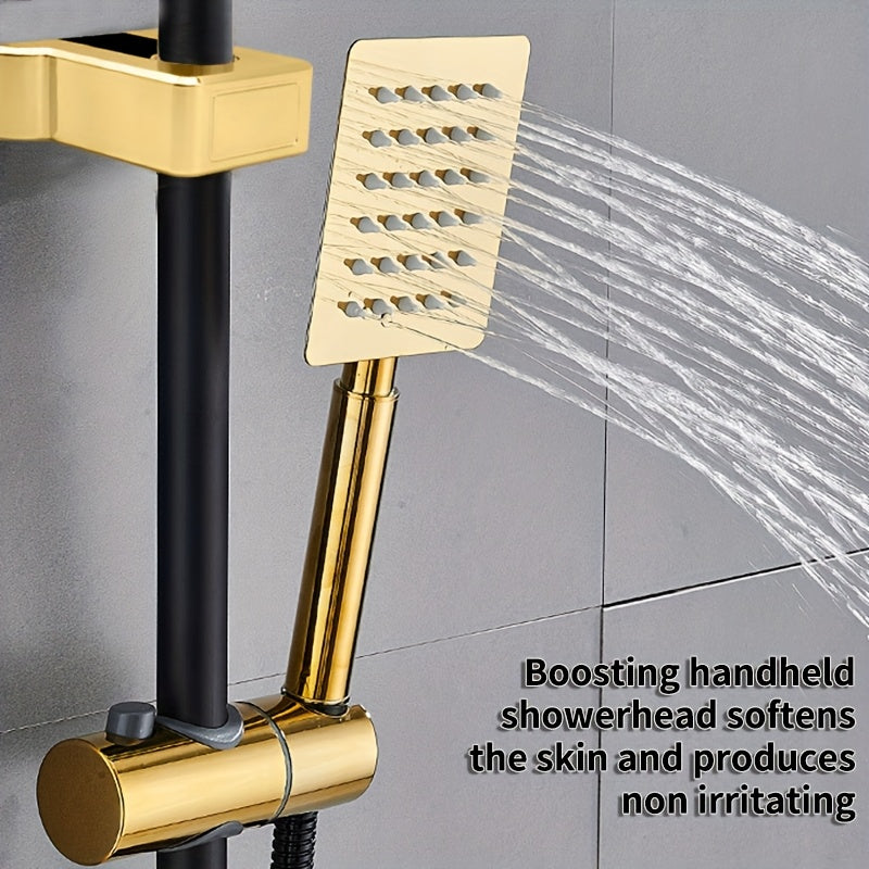 Rain Shower System Featuring an 8-Inch Rainfall Showerhead And a Handheld Option with an Adjustable Height Holder, Constructed with Solid Rail And a 60-Inch Stainless Hose. This 3-Function Retrofit Shower Set in Black And Golden Is Designed Exclusiv