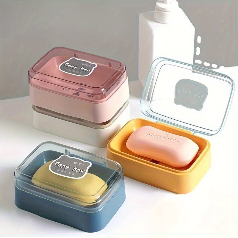Cute Bear Flip-Top Soap Dish - Creative Plastic Drainage Holder for Bathroom Countertop, Rectangular Soap Storage Box