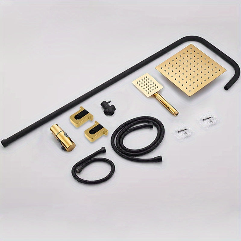 Rain Shower System Featuring an 8-Inch Rainfall Showerhead And a Handheld Option with an Adjustable Height Holder, Constructed with Solid Rail And a 60-Inch Stainless Hose. This 3-Function Retrofit Shower Set in Black And Golden Is Designed Exclusiv