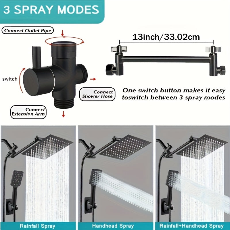 Combination Shower Head Featuring a 100-Inch High-Pressure Rain Shower Head, an 11-Inch Adjustable Extension Arm, And a Handheld Option with Three Settings. It Delivers a Strong Spray Even with Low Water Pressure And Includes a Long 59-Inch Hose