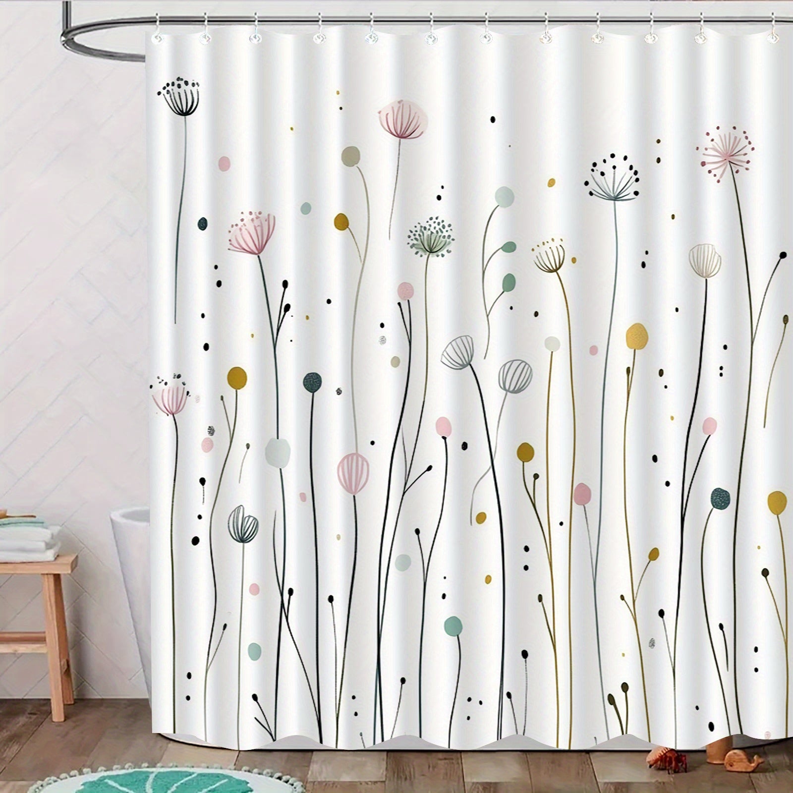 1pc of Dandelion Patterned Shower Curtain with Hooks, Washable Shower Curtain, Bath Divider, Bathroom Additions, Home Decor