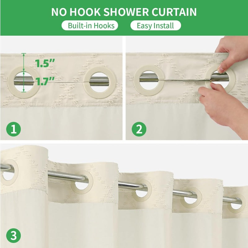 Cream Boho Tufted Chevron Shower Curtain & Fabric Liner Set - Textured Shabby Chic Bathroom Curtain with See-Through Top Window, No Hook\u002FNo Rod Installation, Snap-On Liner, Fits Standard Bathtub (71\