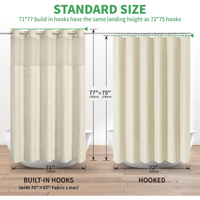 Cream Boho Tufted Chevron Shower Curtain & Fabric Liner Set - Textured Shabby Chic Bathroom Curtain with See-Through Top Window, No Hook\u002FNo Rod Installation, Snap-On Liner, Fits Standard Bathtub (71\