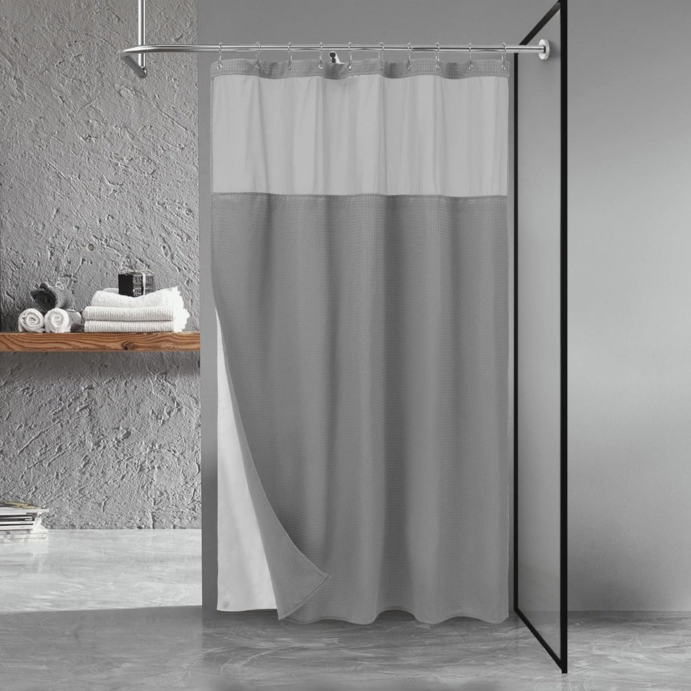 Hotel Style Grey Polyester Pongee Shower Curtain with Waffle Stitching & Mesh Top Window - Snap-On Fabric Lining, Machine Washable, Multiple Sizes for Bathroom Decor, Shower Curtain Sets for Bathrooms