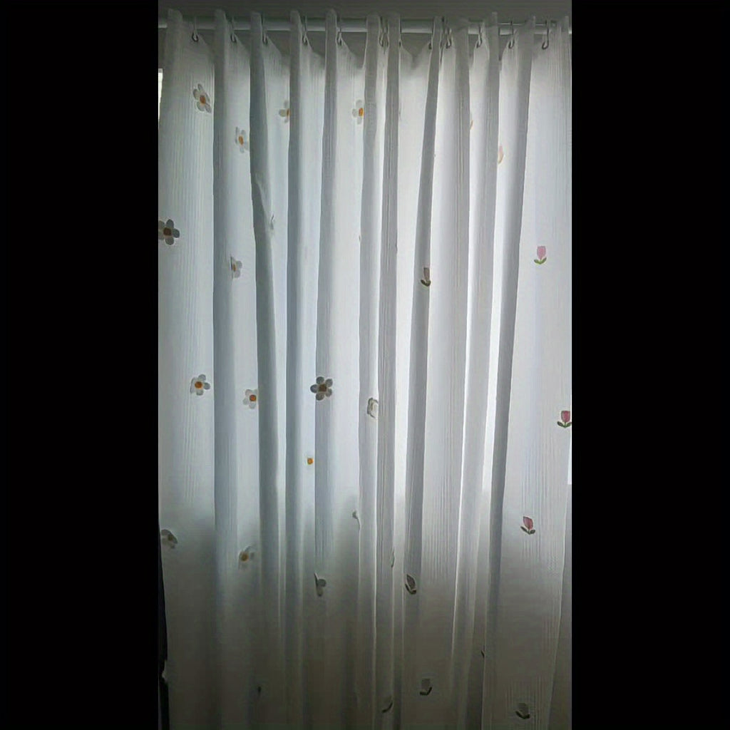 1pc Thickened Waffle Flower Embroidery Shower Curtain, Polyester Fabric, Home Decoration Curtain, Bathroom Curtain with 12 Hooks