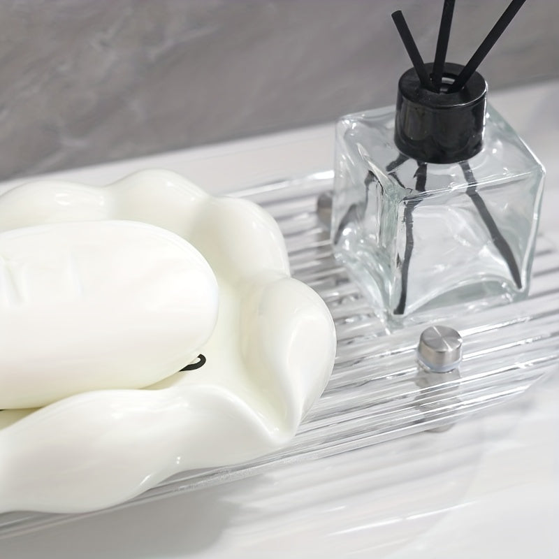 1pc Creative Ceramic Soap Dish, Cute Cloud Design Drainage Soap Dish, Automatic Drainage Soap Rack, Bathroom Soap Rack, Multifunctional Jewelry Storage Rack, Bathroom Accessories