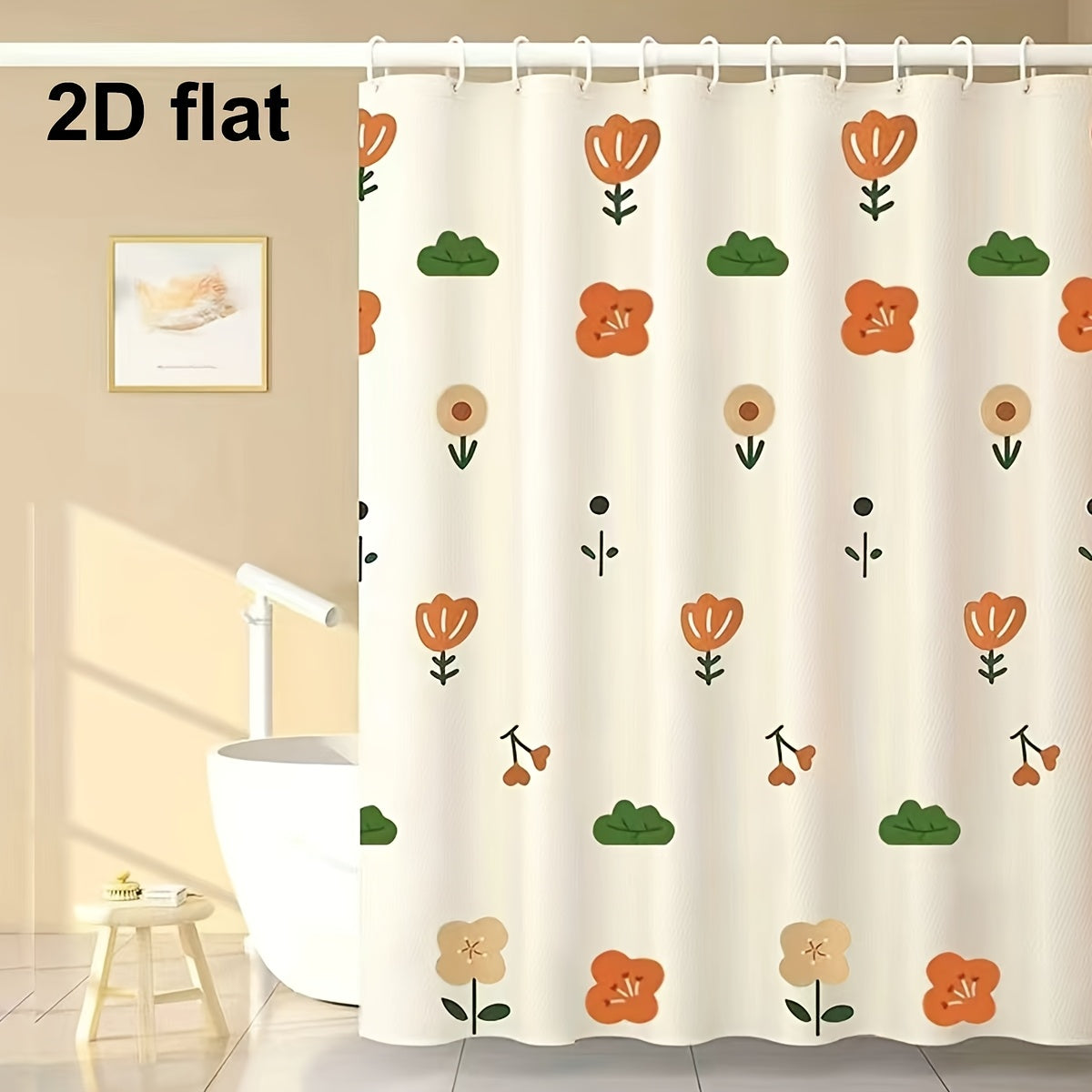 2D Flat, 2D Flat Floral Shower Curtain - Thickened Polyester Fabric with Metal Grommets & Hooks, Vibrant Orange & Green Floral Pattern, Durable Bathroom Decor for All, Seasons, Shower Curtain For Bathrooms, Seasonal Home Accessory