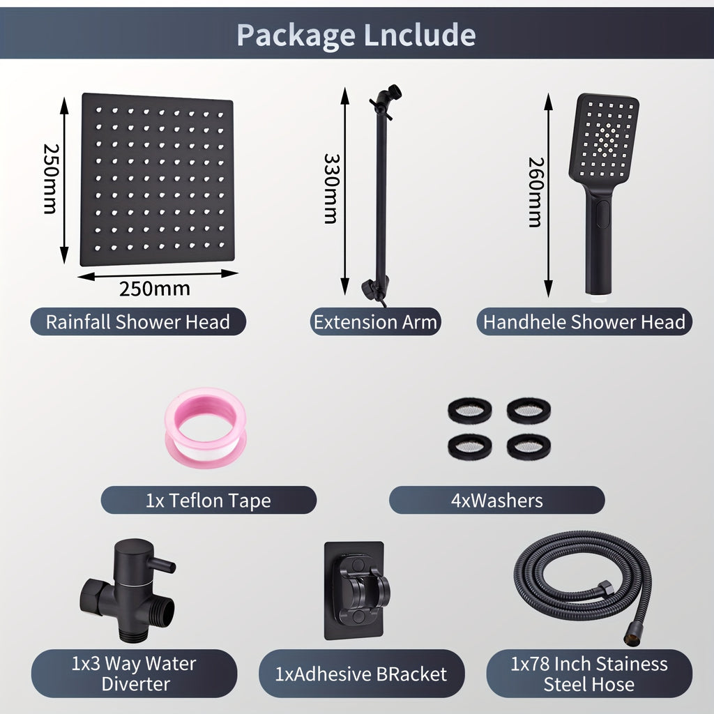 Combination Shower Head Featuring a 100-Inch High-Pressure Rain Shower Head, an 11-Inch Adjustable Extension Arm, And a Handheld Option with Three Settings. It Delivers a Strong Spray Even with Low Water Pressure And Includes a Long 59-Inch Hose