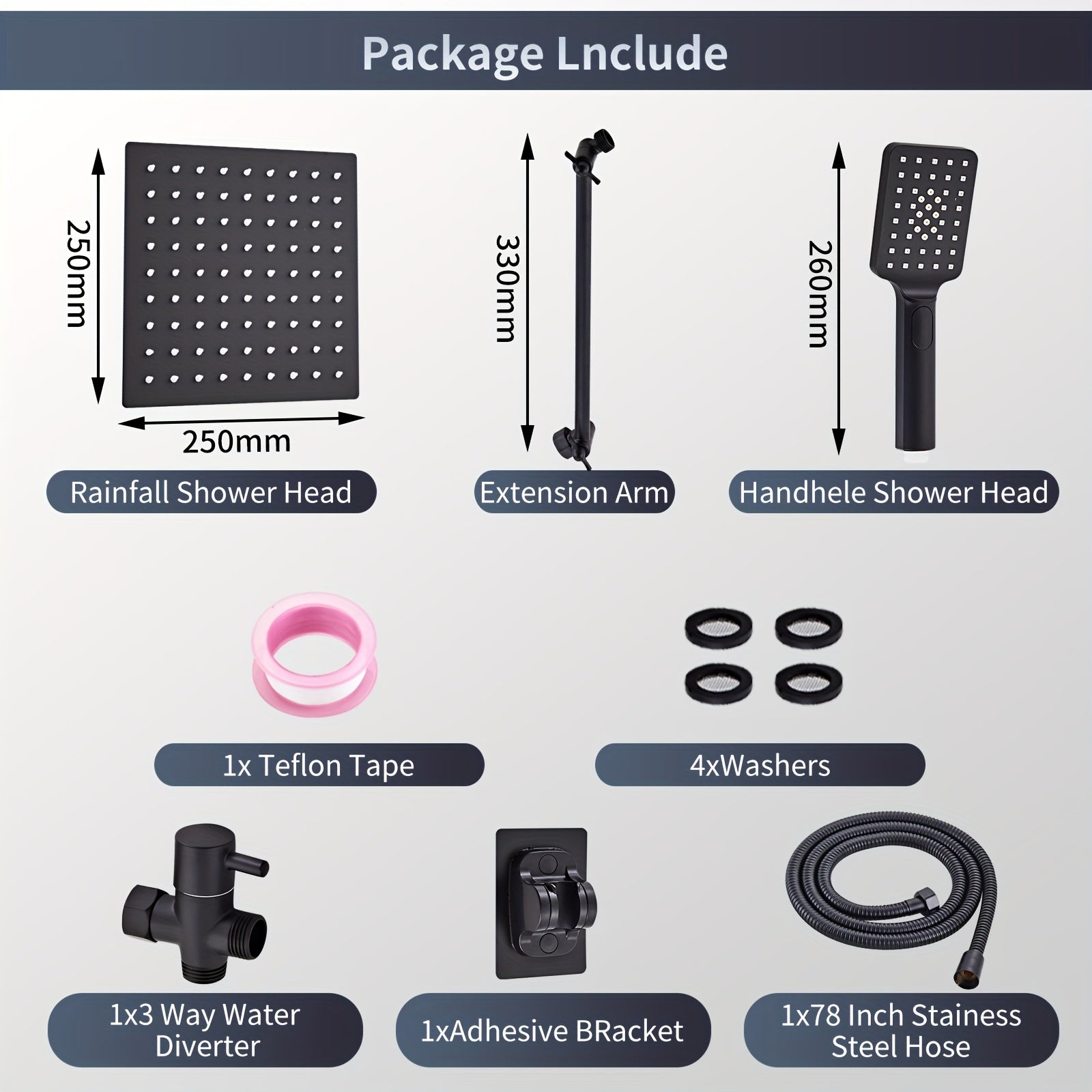 Combination Shower Head Featuring a 100-Inch High-Pressure Rain Shower Head, an 11-Inch Adjustable Extension Arm, And a Handheld Option with Three Settings. It Delivers a Strong Spray Even with Low Water Pressure And Includes a Long 59-Inch Hose