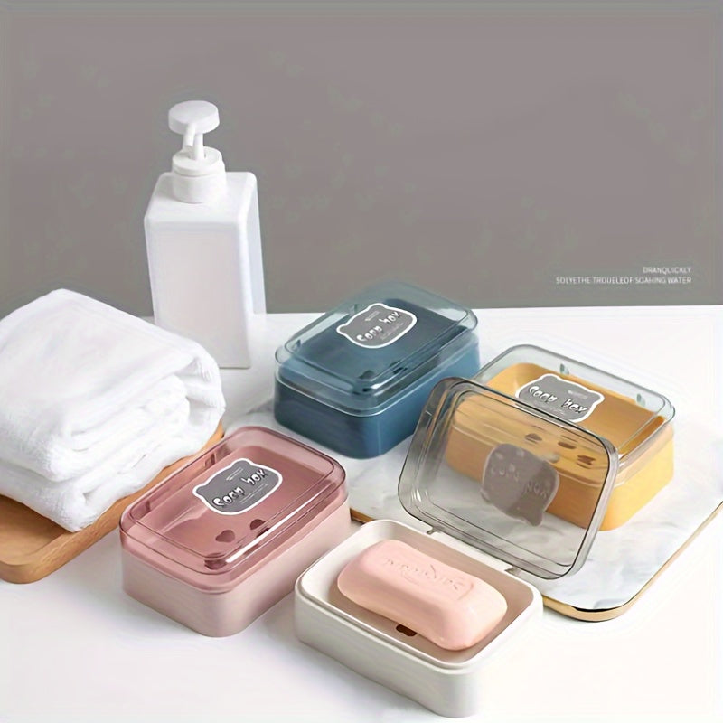 Cute Bear Flip-Top Soap Dish - Creative Plastic Drainage Holder for Bathroom Countertop, Rectangular Soap Storage Box