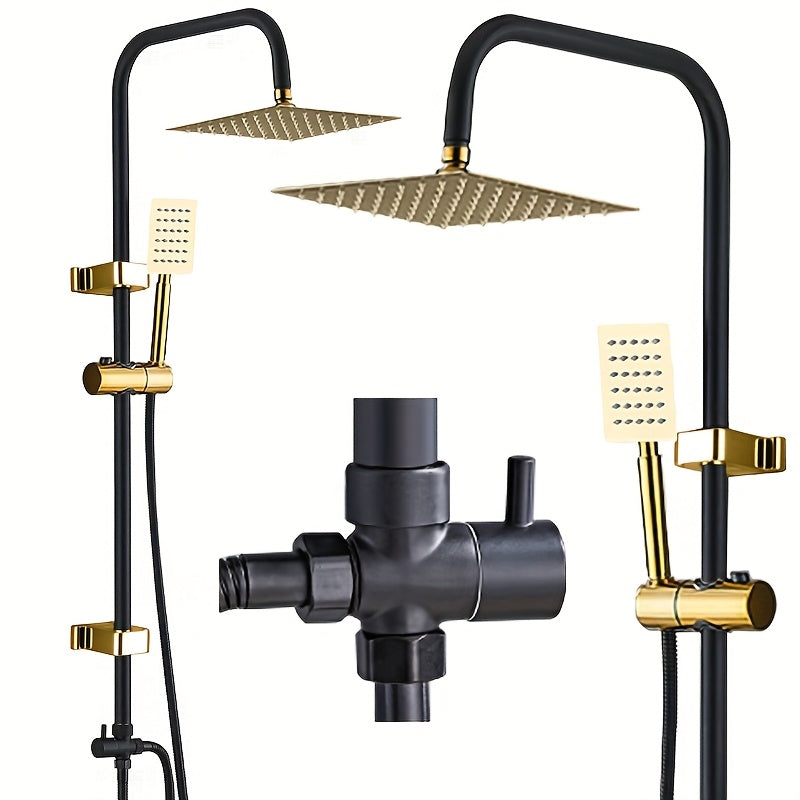 Rain Shower System Featuring an 8-Inch Rainfall Showerhead And a Handheld Option with an Adjustable Height Holder, Constructed with Solid Rail And a 60-Inch Stainless Hose. This 3-Function Retrofit Shower Set in Black And Golden Is Designed Exclusiv