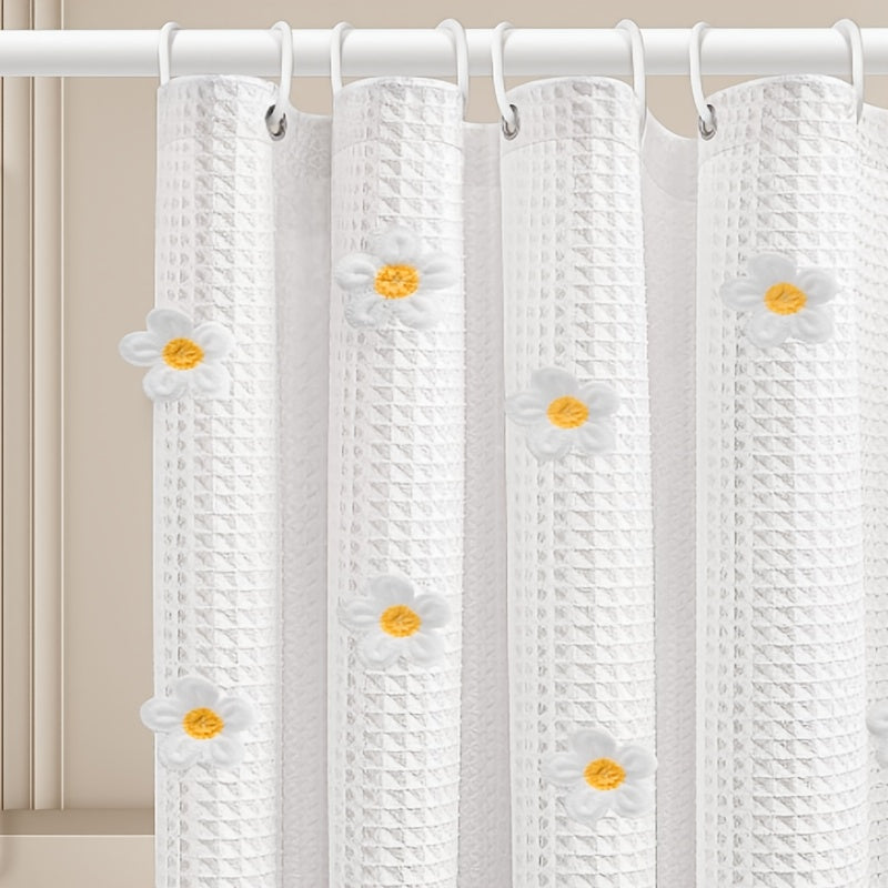 1pc Thickened Waffle Flower Embroidery Shower Curtain, Polyester Fabric, Home Decoration Curtain, Bathroom Curtain with 12 Hooks