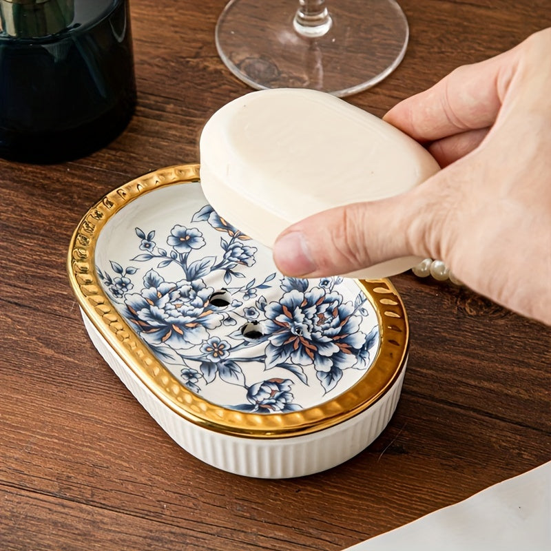 Elegant Ceramic Soap Dish Elegant Ceramic Soap Dish | Double-Layer Drainage | American Golden Trim