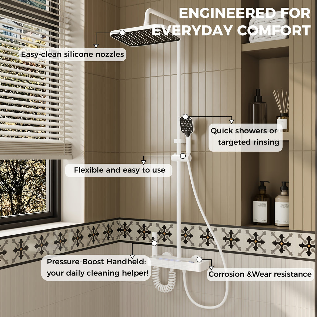 Shower Head White, 4-In-1 Shower System, with Water Fall Tub Spout, Spray Gun, Shower Head And Hand Shower, Shower Head with Easy-clean Silicone Nozzles