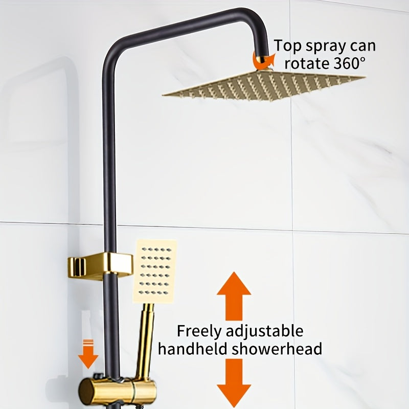 Rain Shower System Featuring an 8-Inch Rainfall Showerhead And a Handheld Option with an Adjustable Height Holder, Constructed with Solid Rail And a 60-Inch Stainless Hose. This 3-Function Retrofit Shower Set in Black And Golden Is Designed Exclusiv