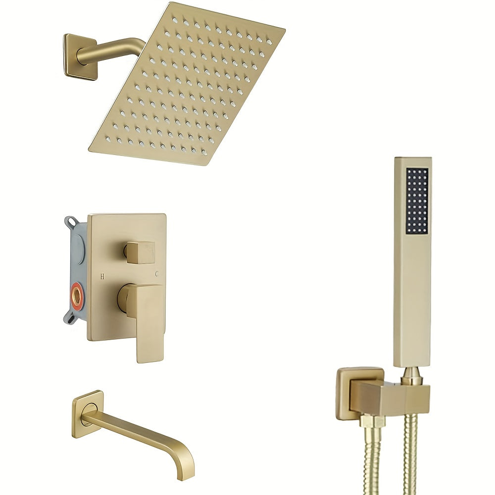 Brushed Golden Shower  Set with Tub Spout Bathroom Rainfall 8 10 12 Inch Shower Head System with Handheld Single Handle Shower Trim Kit with Rough-in Valve