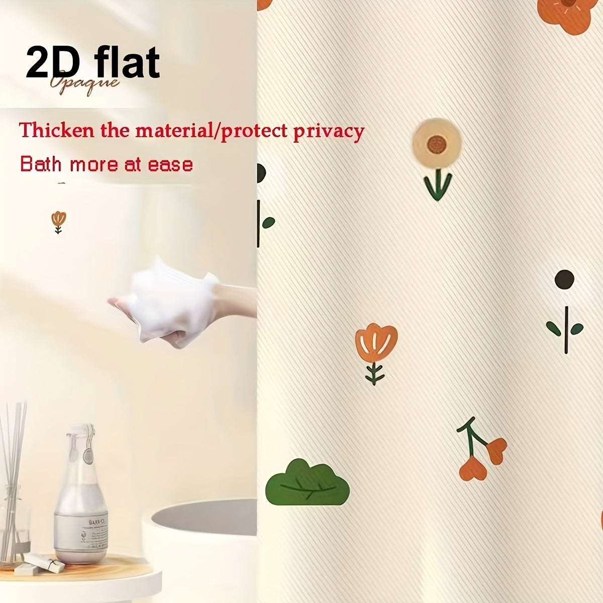 2D Flat, 2D Flat Floral Shower Curtain - Thickened Polyester Fabric with Metal Grommets & Hooks, Vibrant Orange & Green Floral Pattern, Durable Bathroom Decor for All, Seasons, Shower Curtain For Bathrooms, Seasonal Home Accessory