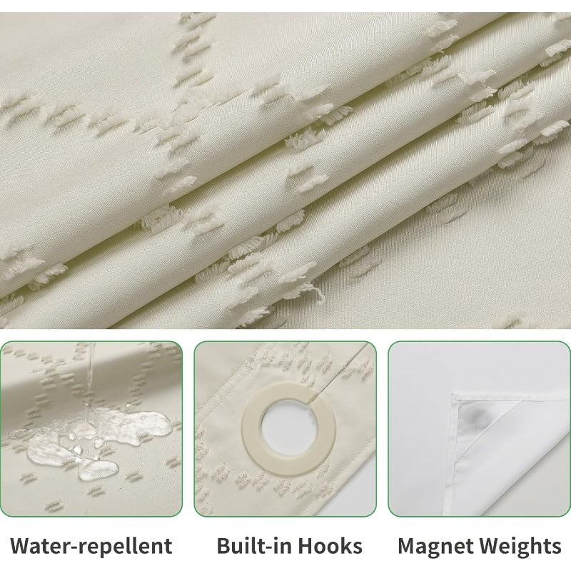 Cream Boho Tufted Chevron Shower Curtain & Fabric Liner Set - Textured Shabby Chic Bathroom Curtain with See-Through Top Window, No Hook\u002FNo Rod Installation, Snap-On Liner, Fits Standard Bathtub (71\