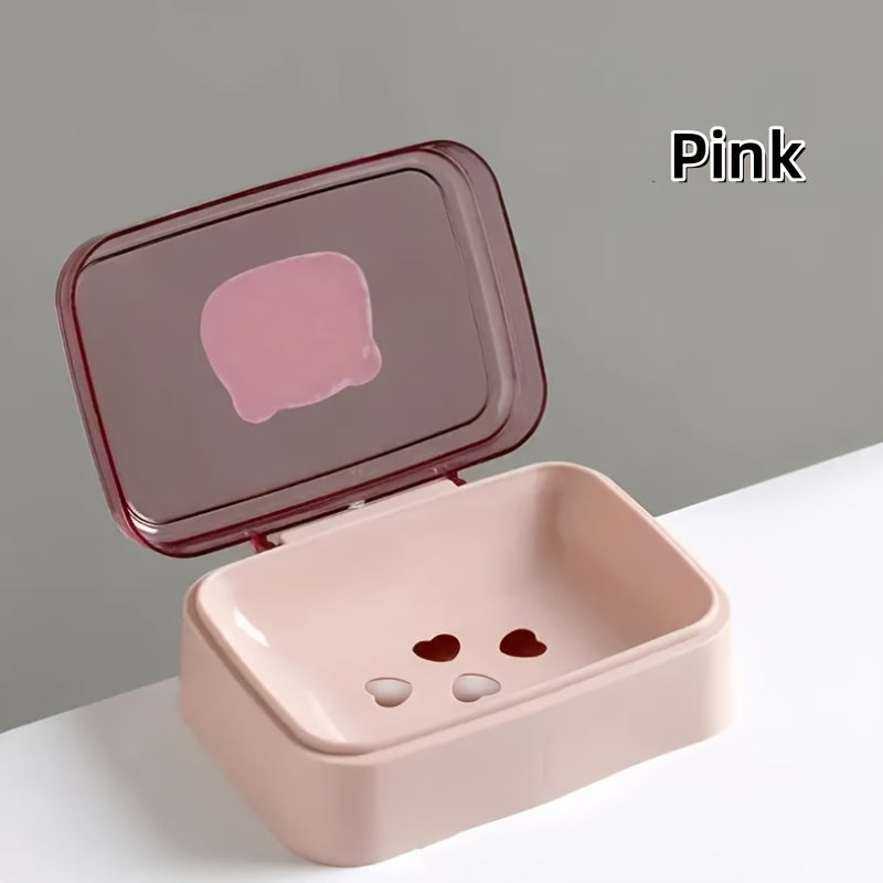 Cute Bear Flip-Top Soap Dish - Creative Plastic Drainage Holder for Bathroom Countertop, Rectangular Soap Storage Box