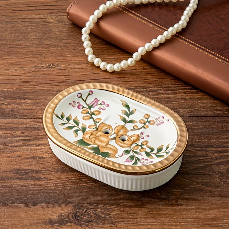 Elegant Ceramic Soap Dish Elegant Ceramic Soap Dish | Double-Layer Drainage | American Golden Trim