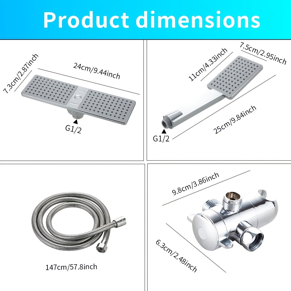 High-Flow 2-in-1 Handheld & Rainfall Shower Head Set with Long Hose and T-Valve - Durable ABS, Wall Mounted, Square Design for Bathroom Upgrade