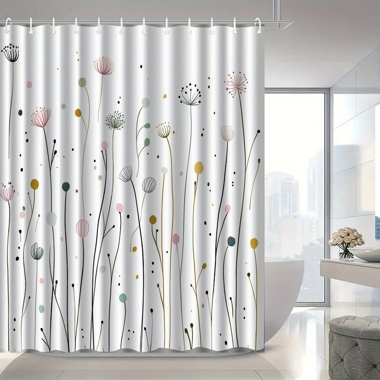 1pc of Dandelion Patterned Shower Curtain with Hooks, Washable Shower Curtain, Bath Divider, Bathroom Additions, Home Decor