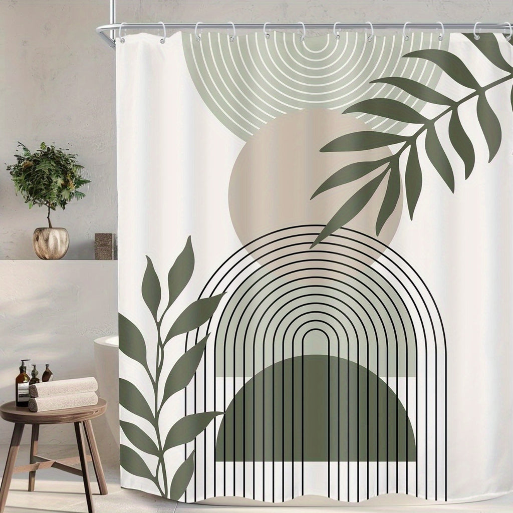 KOMLLEX Sage Green Boho Shower Curtain 60Wx72H Abstract Modern Mid Century Bathroom Decor Aesthetic Leaves Geometric Arch Bohemian Minimalist Neutral Simple Fabric Polyester 12pcs Hook