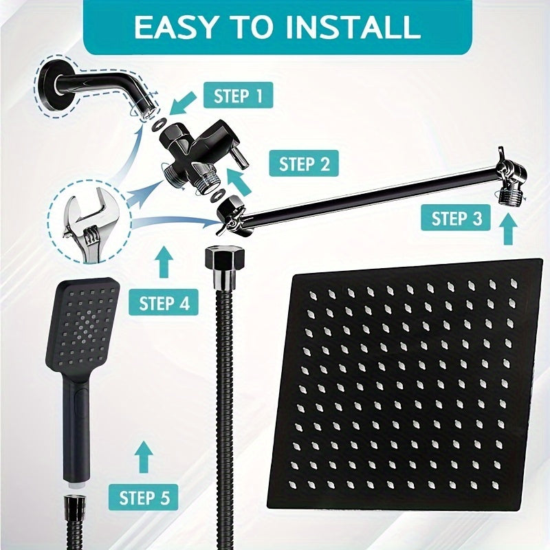 Combination Shower Head Featuring a 100-Inch High-Pressure Rain Shower Head, an 11-Inch Adjustable Extension Arm, And a Handheld Option with Three Settings. It Delivers a Strong Spray Even with Low Water Pressure And Includes a Long 59-Inch Hose