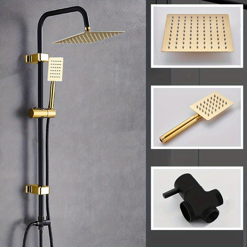Rain Shower System Featuring an 8-Inch Rainfall Showerhead And a Handheld Option with an Adjustable Height Holder, Constructed with Solid Rail And a 60-Inch Stainless Hose. This 3-Function Retrofit Shower Set in Black And Golden Is Designed Exclusiv