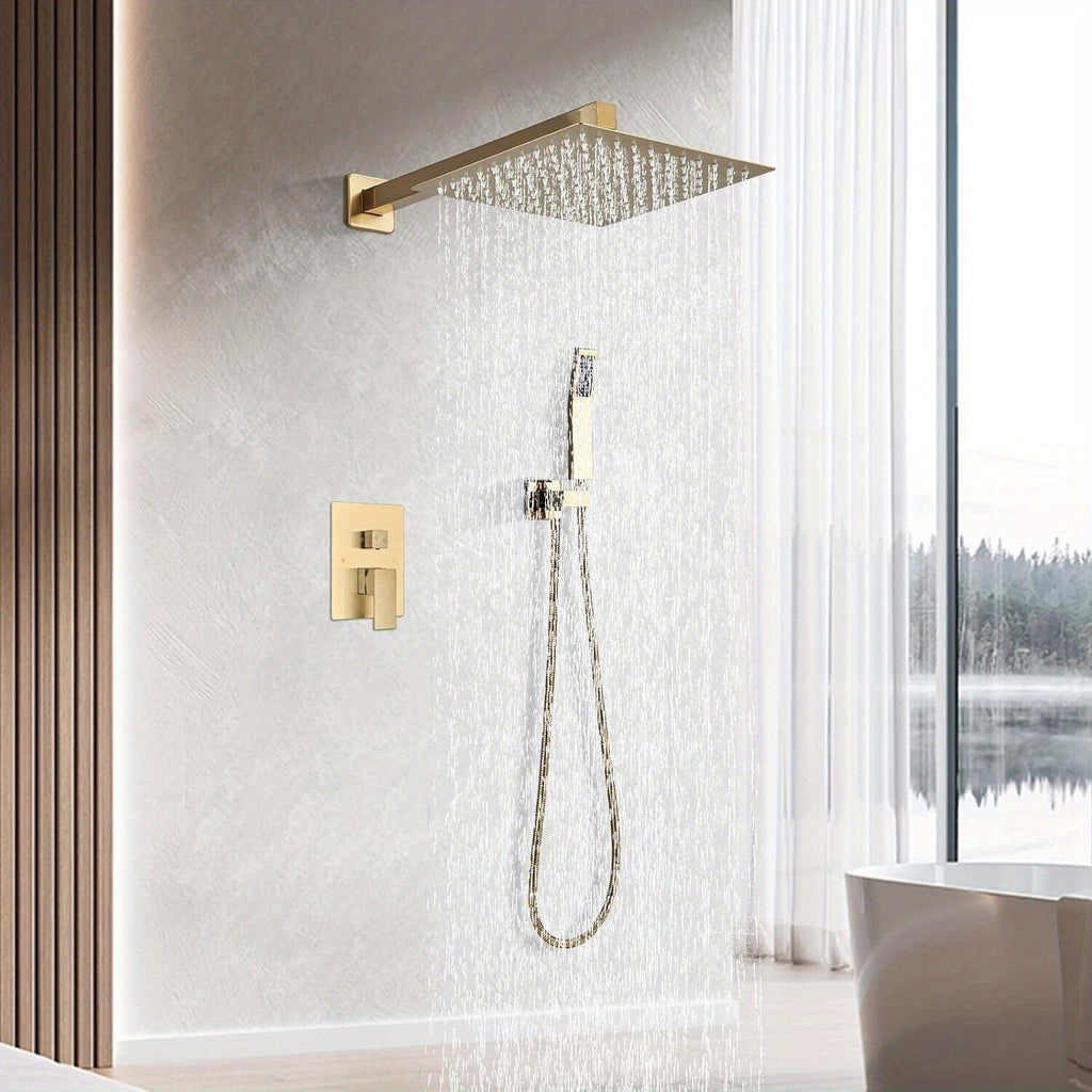 Luxury Bathroom Shower Set Featuring a Brushed Golden Wall-Mounted High-Pressure Rain Shower with a Handheld Sprayer, Complete with Valve Body And Finishing Components.