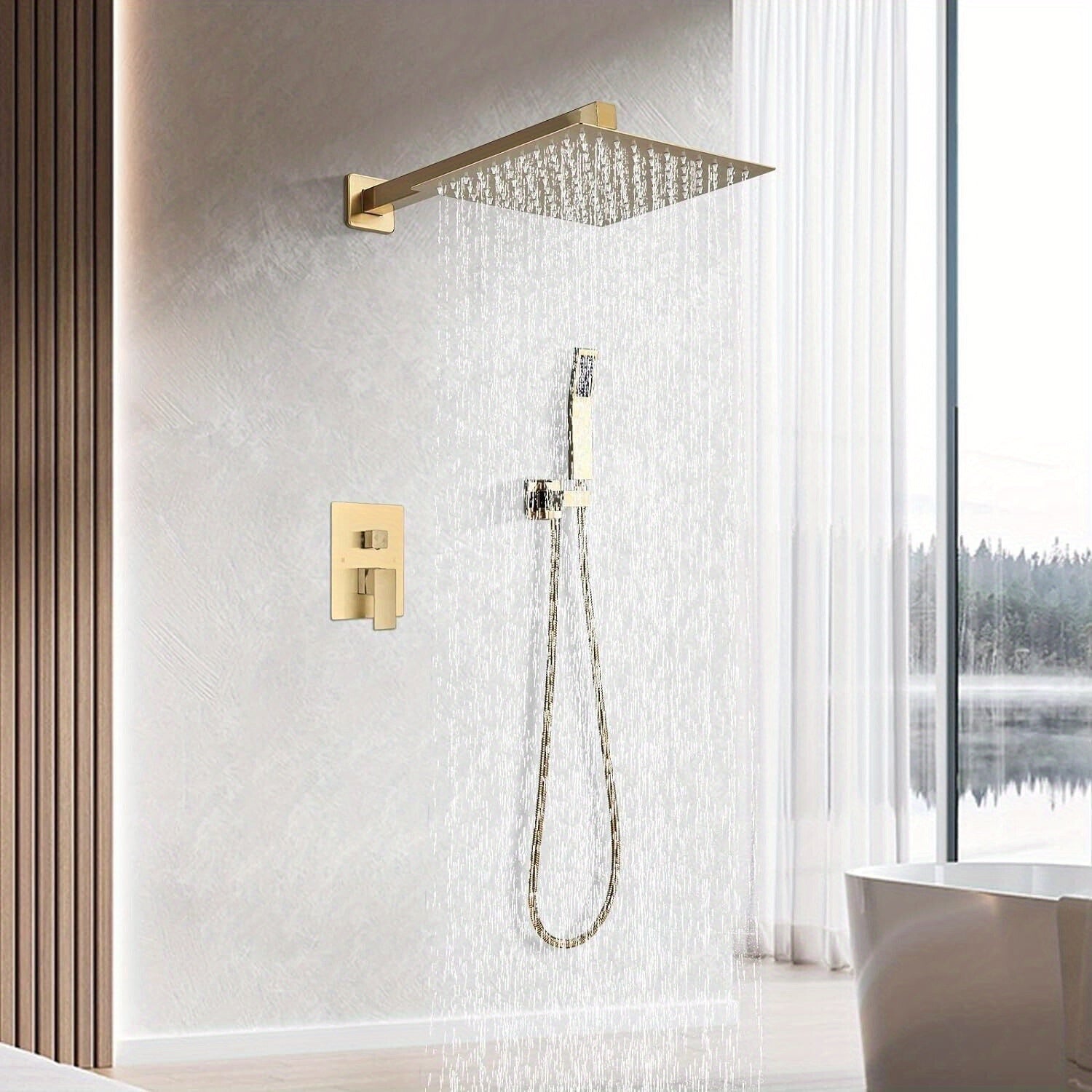 Luxury Bathroom Shower Set Featuring a Brushed Golden Wall-Mounted High-Pressure Rain Shower with a Handheld Sprayer, Complete with Valve Body And Finishing Components.