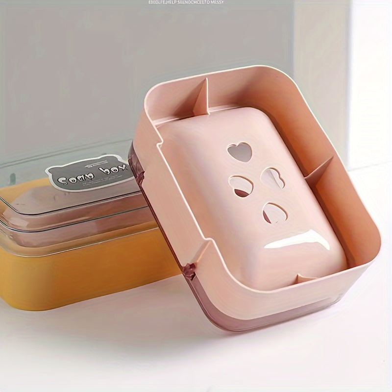 Cute Bear Flip-Top Soap Dish - Creative Plastic Drainage Holder for Bathroom Countertop, Rectangular Soap Storage Box